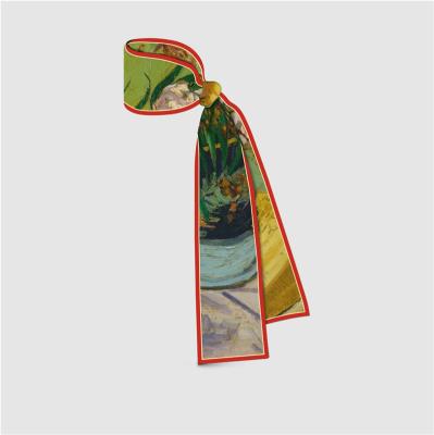 China P04 Van Gogh Retro Long Luxury Satin Scarf Oil Painting Custom Designer Newcomer Long Digital Printing Satin Silk Scarf for sale