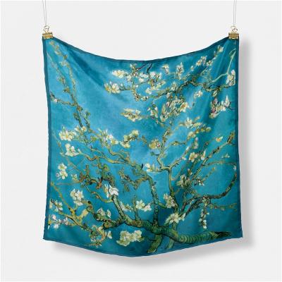 China A40 Square Women Fashion Vincent Van Gogh Oil Painting Almond Tree Polyester Silk Scarf Blooming Square Scarves Wholesale 53cm*53cm New for sale