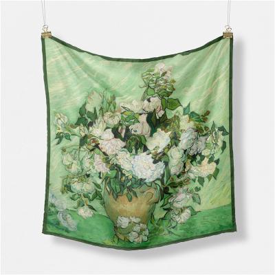 China Wholesale Square Oil Painting Green White A48 53cm*53cm Vincent van Gogh Mounted Floral Lady Vintage Square Scarf Art Print Women Scarves for sale