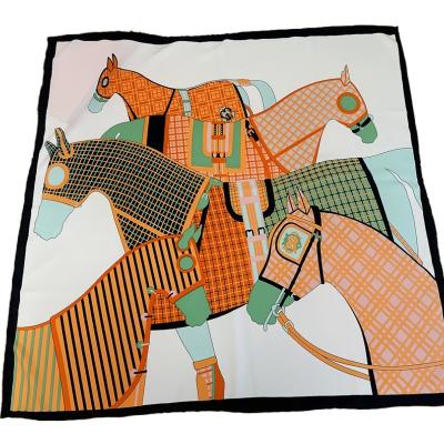 China Square 90105 Wholesale 90cm*90cm No MOQ Free Sample Hand Rolled Edge Horse Print Square Custom Digital Printed Own Design Silk Scarf for sale