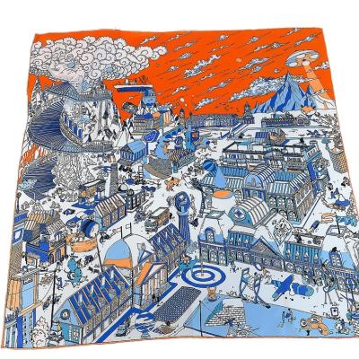 China 90108 Wholesale Square 90108 High Quality Hand-rolled Edges Cloud And City Twill Women Printed Large Silk Handbag Scarf Shape China for sale