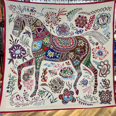 China 13008 Square Horse 130cm*130cm Hand-rolled Square Women Brand Scarf Autumn Winter Shawls Hijab Twill Cashmere Fashion Silk Scarves for sale