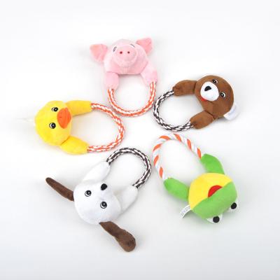 China Viable Squeak Toy Sound Puppy Chew Cat Plush Toys Interactive Pet Dog with Rope Duck Frog Bear Pig Dog 5 Styles for sale