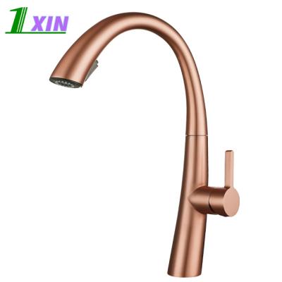 China Pull Out Stream SUS304 Stainless Steel Pull Down 360 Rotation Water Faucet Single Handle Sink Creative Design Rose Gold Pull Out Kitchen Faucet for sale