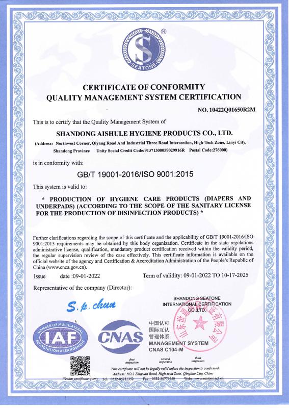 ISO90001 - Shandong Aishule Hygiene Products Co., Ltd.