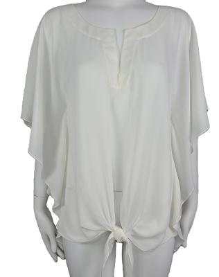 China New Design Ladies Washable Batwing Western Short Sleeve Shirt Plain Tied Ribbon Blouses for sale