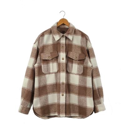 China UNDETERMINED stylish classic winter clothes check oversized women plaid shirt wool jacket with pockets for sale