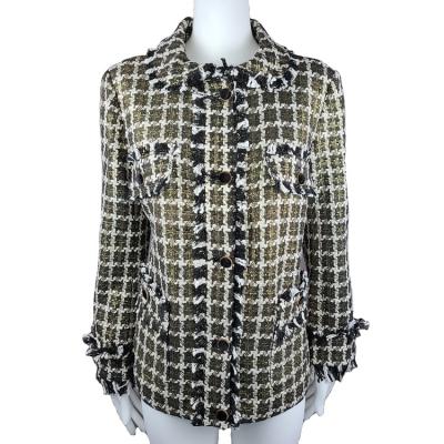 China Plus size elegant foil print lining in gold tweed jacquard women's jacket with fringed lining fancy buttons and pockets for sale