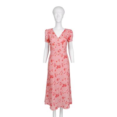 China Washable floral print v neck fit and elegant women fashion print slim linen dress with cotton lining for sale