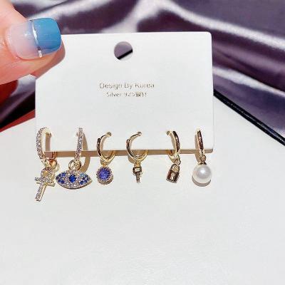 China FASHIONABLE Hot Selling Colorful Devil's Korean Temperament 6-Piece Zircon Eye Lock And Sapphire Earrings Main Set for sale