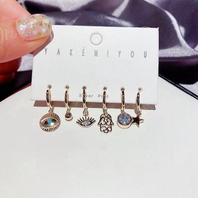 China 6-Piece Earring Set Trendy Trendy Zircon Fatima Hand Blue Eye Earring for sale