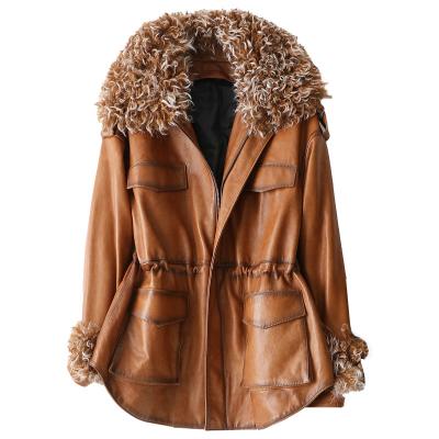 China Duck Down Lingning Lamb Fur Jacket Suede Sheepskin Leather Coat Waterproof Genuine Leather Collar Cuff For Ladies for sale