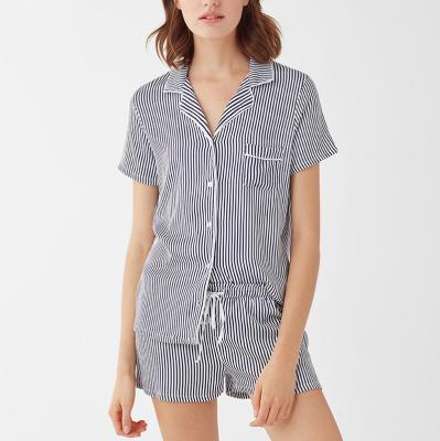 China Women's Breathable Cotton Yarn Dyed Striped Plain Weave Pajamas Set for sale