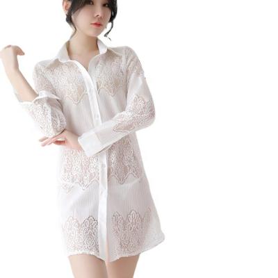 China OEM High Quality Anti-pilling Women's Lace Shirt Transparent Shirt Salon Wear for sale