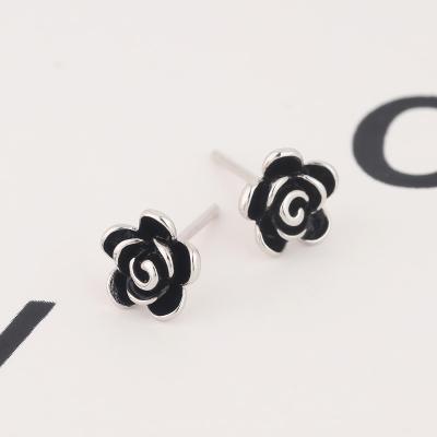 China TRENDY S925 Silver Black Rose Earrings Vintage Camellia Old Flower Earrings Rose Flower Stud Earrings for sale