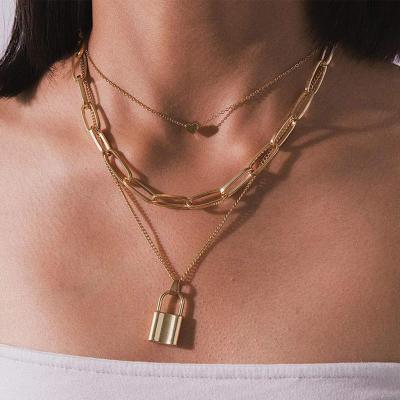 China Modalen CLASSIC Stainless Steel Padlock Layered Gold Lock Pendant Necklace for sale