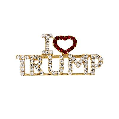 China New Heart Pin Gift Trump Brooch Pin E258 Party Style Women Trump Rhinestone Letter Glitter Gold Brooches Pin I Love You for sale