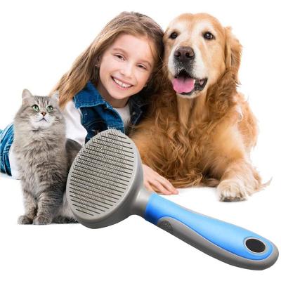 China Sustainable Amazon Hot Sale Custom Pet Clean Hair Remover Button Stainless Steel Brushes Cat Self Cleaning Comb Slicker Pet Grooming Brush for sale