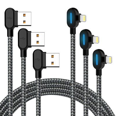 China Mobile Phone 90 Degree Right Angle Cable With LED Light Nylon Braided Universal USB Charger Cord With iPhone for sale