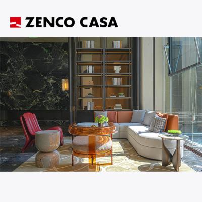 China Hotel Lobby Furnitures Including L-Shaped Sofa And Red Glass Steel Shaped Single Chair for sale