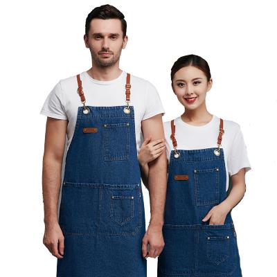 China Customized Logo Cotton Denim Cross Back Apron Eco-Friendly Cotton Denim Cross Back Apron Cafe Shop Bar Cafe Shop Bartender Apron Bartender Artists Women Men Outdoor Work Apron for sale