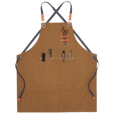 China Cross Back Logo Hair Stylist Apron Craftman Workshop BBQ Cotton Canvas Salon Apron FACTORY Customized Eco-Friendly for sale