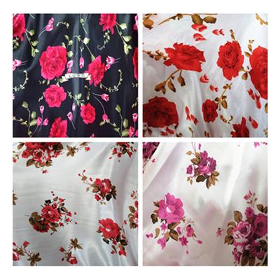 China Memory 50D*75D Rosette Flower Printed 70gsm Japanese Fashion Loose Chinese Robe Kimono Polyester Satin Fabric for sale