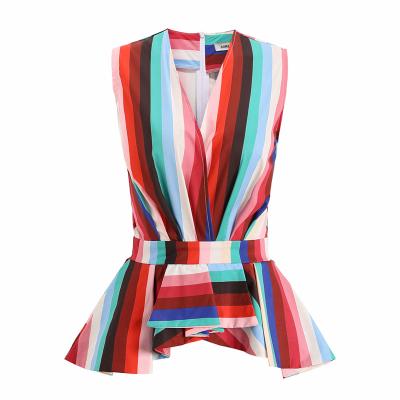 China Fashion V-neck autumn anti-pilling sleeveless stripes ruffle office blouse ladies for sale