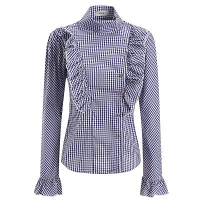 China Breathable Retro Plaid Long Sleeve Ruffle Hot Sale Elegant Women's Casual Blouse for sale