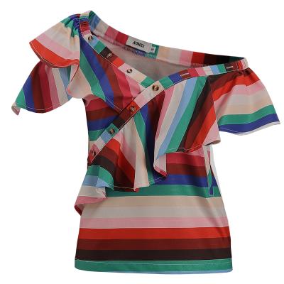 China Lady Fashion Sleeveless Ruffle Anti-pilling Collar Oblique Beachwear Blouse Shirts Tops Rainbow Tops for sale