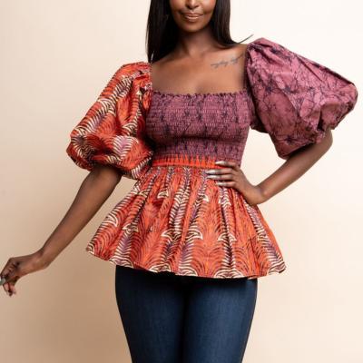 China Fashionable Square Collar Short Lantern Sleeves Peplum African Floral Women Printed Blouse for sale