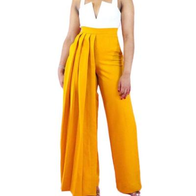 China High Waist Sustainable Yellow Pleated Elastic Zipper Ruffled Women Wide Leg Pants for sale