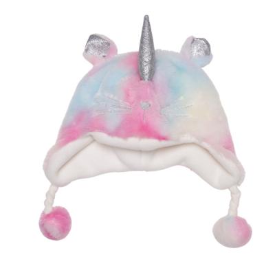 China Fashion Kids Winter Earflap Hat JOINT Unicorn Design And Two Pompom Earflap Top Hats For Girls for sale