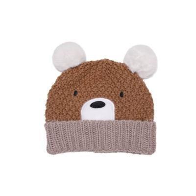 China COMMON Winter Kids Warm Animal Hats Knitted Bear Design Cuff Hat Faux FurPompom Beanie For Girls for sale