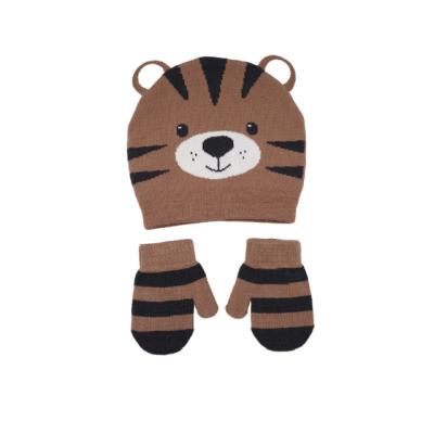 China JOINT Popular Design Winter Kids Warm Animal Hats Knitted Jacquard Tiger Design Beanie Hat With Mitten Two Packs for sale