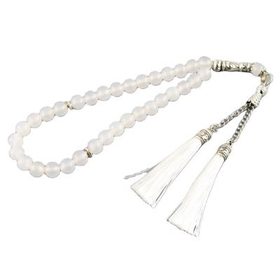 China Ethnic Taspeeh Prayer Beads, Muslim Black Tasbih Tassel 33 Beads Ramadan White Agate Islamic Necklace Jewelry for sale