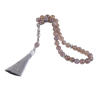 China Religious Natural Tesbih Gray Agate 10mm Beads, Tassel 33 Allah Bracelet Jewelry 99 Beads Muslim Tasbih for sale