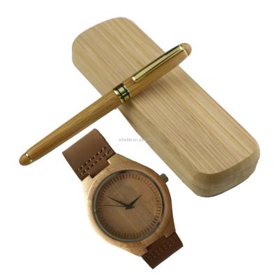 China Promotion Pen Wood Watch Set Wholesale Wooden Watch Ballpoint Pen Gift Set For Business for sale