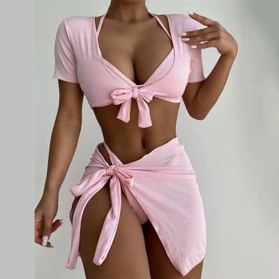 China Breathable Halter Bikini Skirt Swimsuit Women Solid Swimwear Brazilian Bather Micro Feminine Bathing Suit 4 Piece Thong Bikini Set for sale