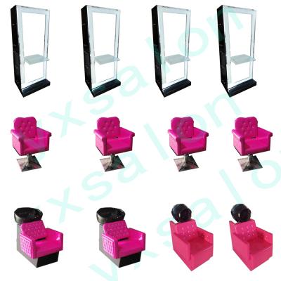 China 2021 Traditional Black Mirror Station Latest Classic Pink Styling Station Styling Chair Shampoo Chair With Led Lights for sale