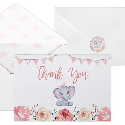 China Wholesale Europe Watercolor Elephant Baby Shower Thank You Cards, Cute Baby Cards with Girl's Envelopes and Stickers for sale