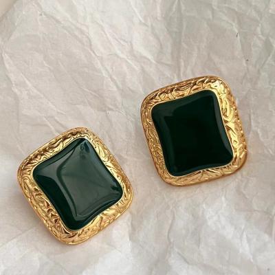 China European and American CLASSIC vintage black square lady temperament soft elegant brass gold plated oil drip ear hook for sale