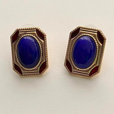 China CLASSIC European and American Style Court Retro Royal Blue Women Adjust Everyday Soft Brass Plated 24k Gold Earrings for sale