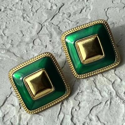 China Green European and American women's style palace treasure retro 24k gold daily CLASSIC soft brass electroplating square earrings for sale