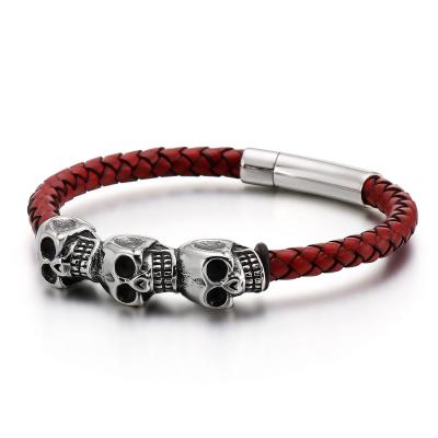 China Wholesale Genuine Punk Mens Skull Head Jewelry Custom Leather Anti-allergy Cowhide Leather Bracelet for sale