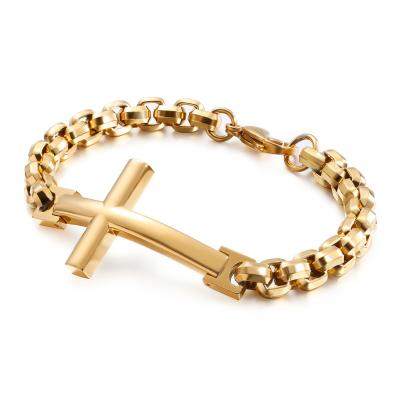 China Anti-allergy Stainless Steel Finish Men 18k High Plated Christian Religious Cross Gold Chain Bracelet for sale