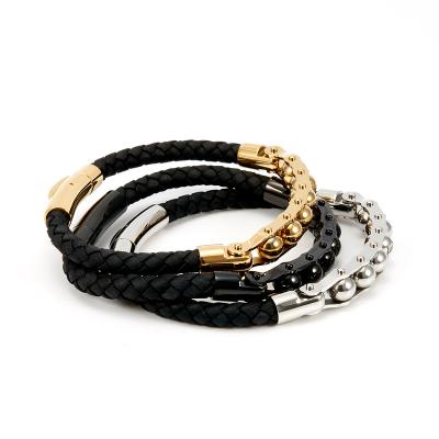 China Custom Gold Plated Bracelet Men's Stainless Steel / Sporty Leather Bracelet Hand Made Casual for sale