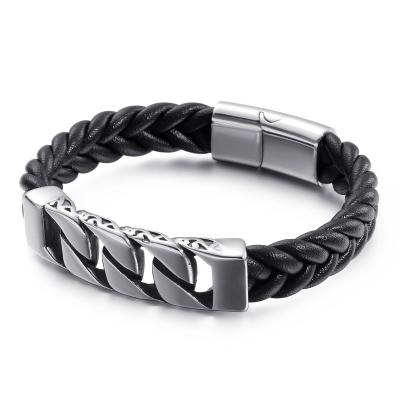 China Anti-Allergy Stainless Steel Italian Braided Genuine Leather Wristband For Men for sale