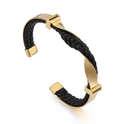 China Anti-Allergy Stainless Steel Custom Genuine Cowhide Gold Braided Bracelet Leather Wristband For Men for sale