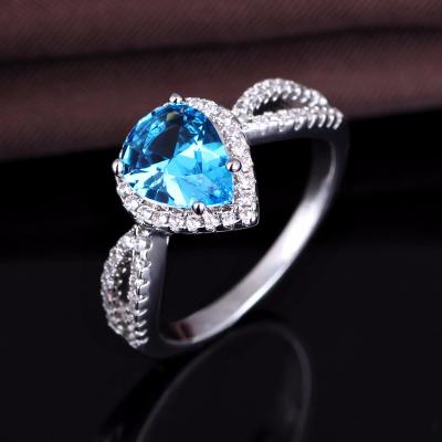 China Fashionable Sterling Silver Blue Pear Shape Crystal White CZ Halo Engagement Ring For Women for sale